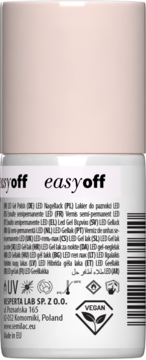 Tył białej butelki lakieru hybrydowego Semilac Easy Off LED Milky Pink z etykietą, logo Vegan i napisem Easy Off.