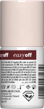 Tył beżowej butelki lakieru easy off LED Gel Polish, z brązową etykietą, logo VEGAN i tekstami w wielu językach.