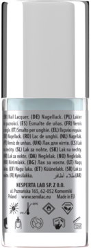 Tył butelki Semilac Nail Lacquer Sky Blue z informacjami o produkcie w wielu językach i ikonami ostrzegawczymi.