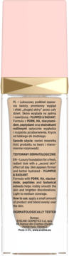 Eveline Wonder Match Lumi podkład rozświetlający, tył butelki z beżowym płynem, etykieta z opisem i użyciem.