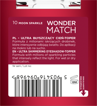 Tył opakowania Wonder Match 10 Moon Sparkle, ultra błyszczącego cienia-toppera. Widoczne opisy i kod kreskowy.