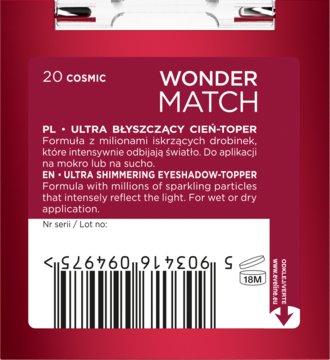 Tył opakowania cienia-toppera Wonder Match 20 Cosmic. Czerwona etykieta z opisem, barkodem.