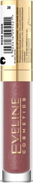 Eveline Cosmetics błyszczyk-serum Rose Nude 28 w przezroczystej tubce, widok z boku z etykietą i kodem.