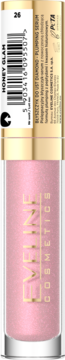 Różowy, brokatowy błyszczyk-serum EVELINE COSMETICS Honey Glam, pełny widok, etykieta z kodem kreskowym.