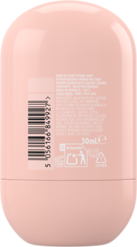 Tył jasnoróżowej butelki bazy pod makijaż Max Factor Facefinity Lasting Grip 30ml, z etykietą, kodem kreskowym.