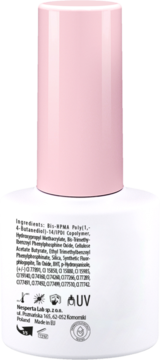 Tył białej butelki lakieru hybrydowego #389 Pearl Glaze z różową nakrętką i widocznym składem.