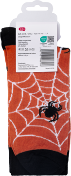 Halloweenowe skarpetki, pomarańczowo-czarne z białymi pajęczynami i czarnym pająkiem, widok tyłu opakowania z danymi.