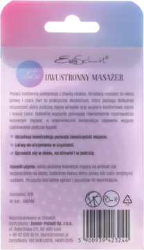 Tył fioletowo-różowego opakowania masażera Ewa Schmitt, z polskim opisem produktu i kodem kreskowym.