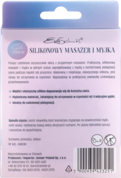Tył kartonowego opakowania masażera Ewa Schmitt Circle SILI CLEAN&CARE, z opisem i instrukcją.