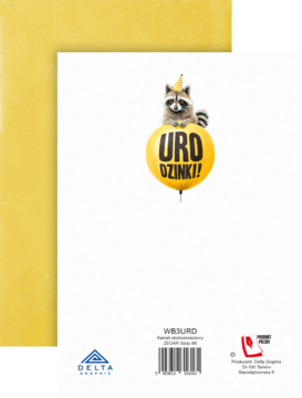 Tył białego karnetu urodzinowego z szopem i żółtym balonem z napisem URODZINKI!, widoczne logo Delta i producenta.