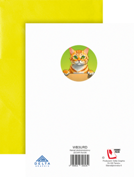 Karnet urodzinowy 15x20,5cm, tył karty z pomarańczowym kotem w okrągłej ilustracji i kodem kreskowym.
