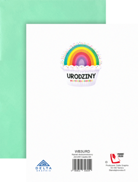 Biały karnet urodzinowy z tęczową babeczką, napisem URODZINY i miejscem na cyfrę. Na zielonym tle.