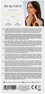 Tył opakowania Dermapenu BEAUTIFLY Meso Intense Golden. Opis działania, kody kreskowe, kobieta używająca urządzenia.