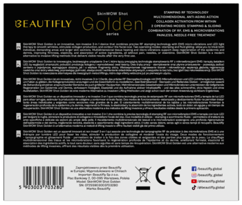 Tył czarnego opakowania SkinWOW Shot Pro Beautifly Golden z wielojęzycznym opisem i kodem kreskowym.