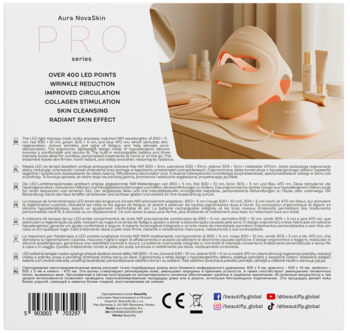 Tył ciemnego opakowania maski LED Aura NovaSkin PRO z białymi opisami funkcji, m.in. 400 LED punktów.