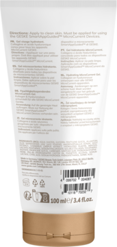 Tył tubki Geske Hydrating MicroCurrent Gel 100ml. Biało-złoty żel przewodzący, z listą składników i kodami kreskowymi.
