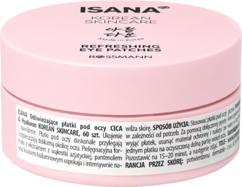 Różowy, okrągły pojemnik z Isana Korean Skincare Refreshing Eye Patches, widok z góry, biała etykieta.