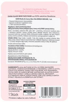 Tył różowo-fioletowego opakowania ISANA GLASS SKIN FACE MASK ze składem, kodem kreskowym i napisem '1 Stück'.