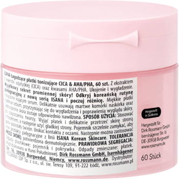 Tył różowego opakowania ISANA Korean Skincare, tonizujące płatki CICA & AHA/PHA, 60 szt., z polskim opisem.