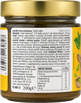 Tył szklanego słoika enerBio krem pistacjowy, żółta etykieta ze składnikami, Matcha i wartościami odżywczymi.