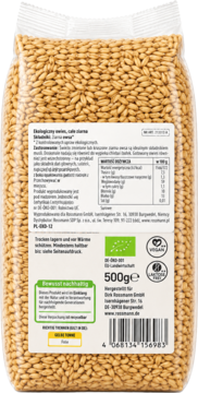 Tył opakowania Bio Dinkel Rossmann: przezroczysta torba z orkiszem, widoczne etykiety z certyfikatami BIO i Vegan.