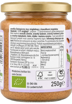 Tył słoika ekologicznego musu migdałowego 250g z kawałkami, widoczna biała etykieta z polskim tekstem.