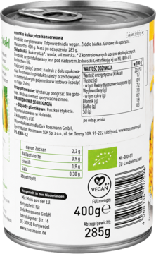 Tył puszki kukurydzy konserwowej BIO, 400g. Biała etykieta z informacjami o składzie i certyfikatami Vegan, widok pod kątem.