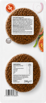 Tył opakowania wege burgerów roślinnych 200g. Dwa brązowe, okrągłe burgery z etykietami zawierającymi opis i wartości.