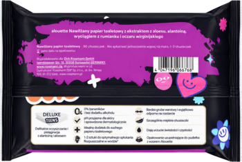 Tył opakowania Alouette Deluxe Teens nawilżanego papieru toaletowego. Czarne tło, fioletowe detale, białe napisy o składzie i cechach.