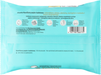 Tył opakowania nawilżanego papieru toaletowego dla dzieci w jasnoniebieskiej paczce, z polskimi tekstami i ikonami.