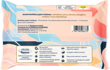 Tył nawilżanego papieru Alouette Deluxe Summer Edition z aloesem, biała etykieta z cechami i ikonami, pH skóry.