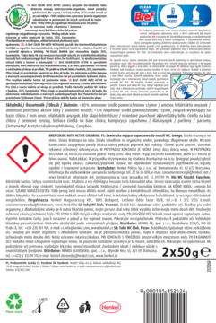 Tył opakowania zawieszki WC Bref Color Active Clean, biało-niebieskie, tekst, ilustracja toalety z produktem, 2x50g.