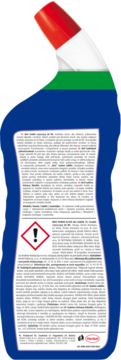 Tył niebieskiej butelki Żel do toalet Power Aktiv z czerwoną, białą i zieloną nakrętką, widoczna etykieta z tekstem i symbolem ostrzegawczym.