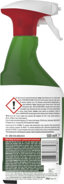 Tył zielonej butelki Fairy Power Spray 500ml z czerwonym atomizerem, widoczne etykiety ostrzegawcze i kod kreskowy.