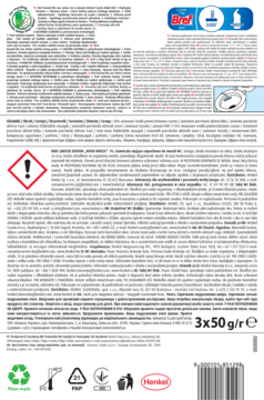 Tył opakowania Bref Power Aktiv WC, 3x50g, z opisem, symbolami ostrzegawczymi i kodem kreskowym.