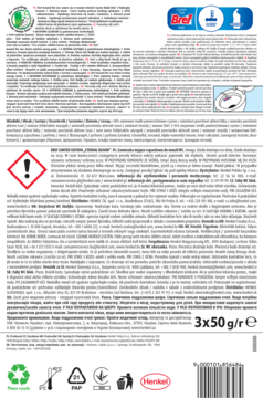 Tył opakowania Bref Power Aktiv, potrójnego czyścika do toalety, z instrukcjami i symbolami na białym tle.