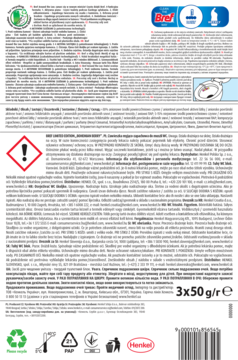 Tylne opakowanie Bref Power Aktiv, 4-funkcyjnego środka do czyszczenia toalet, z polskim opisem i symbolami ostrzegawczymi.