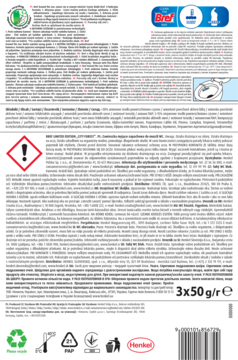 Tył opakowania Bref Power Aktiv zawieszki do toalety 3x50g, z opisem działania i piktogramami.
