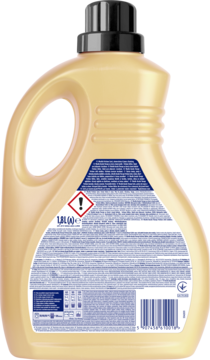 Tył butelki płynu Woolite Perfume Czerń 1.8L do prania ciemnych tkanin z etykietą, kodem kreskowym i ostrzeżeniem.