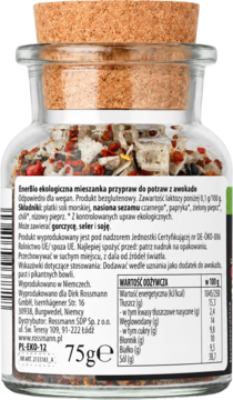 Tył słoika Enerbio organicznych przypraw do awokado 75g, z korkiem. Widoczne składniki i etykieta z wartościami odżywczymi.