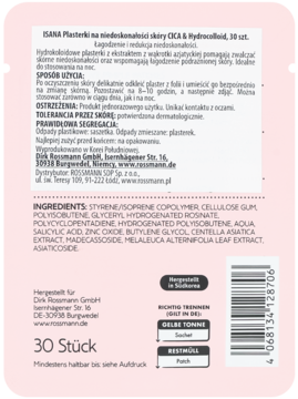 Tył białego opakowania plastrów ISANA CICA & Hydrocolloid 30 sztuk, z instrukcją, składem i kodem kreskowym.
