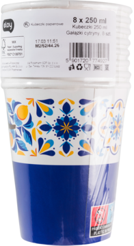 Kubeczki papierowe Loy 250 ml, 8 szt., w folii, z wzorem niebieskich i żółtych gałązek cytryny, widok przód.