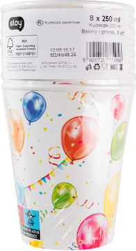 Eloy papierowe kubeczki 250 ml, 8 szt., z motywem kolorowych balonów i girland, widok z przodu.