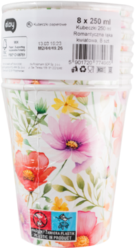 Stos papierowych kubeczków 250 ml, białe z różowo-czerwonymi i żółtymi kwiatami, widok z przodu.