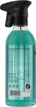 Tył przezroczystej butelki Furni*Pure 500 ml, płyn do czyszczenia mebli o zapachu melona i jabłka, turkusowy.