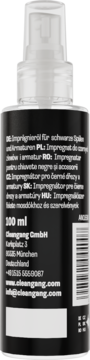 Tył czarnej butelki Impregnatu Cleangang 100 ml do czarnych zlewów z białym tekstem i kodem kreskowym.