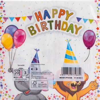 Serwetka papierowa dekoracyjna w opakowaniu, z napisem "Happy Birthday", balonami, konfetti, kotem i lwem.