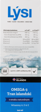 Lýsi Omega-3 Tran islandzki 240 ml o smaku naturalnym, biało-niebieskie pudełko, widok z przodu.