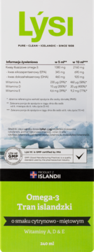 Zielono-białe pudełko Lýsi Omega-3 Tran islandzki cytrynowo-miętowy z witaminami A, D, E, widok z przodu.