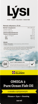 Tył kartonu Lýsi Omega 3 Pure Ocean Fish Oil, cytrynowy, z tabelą wartości odżywczych.